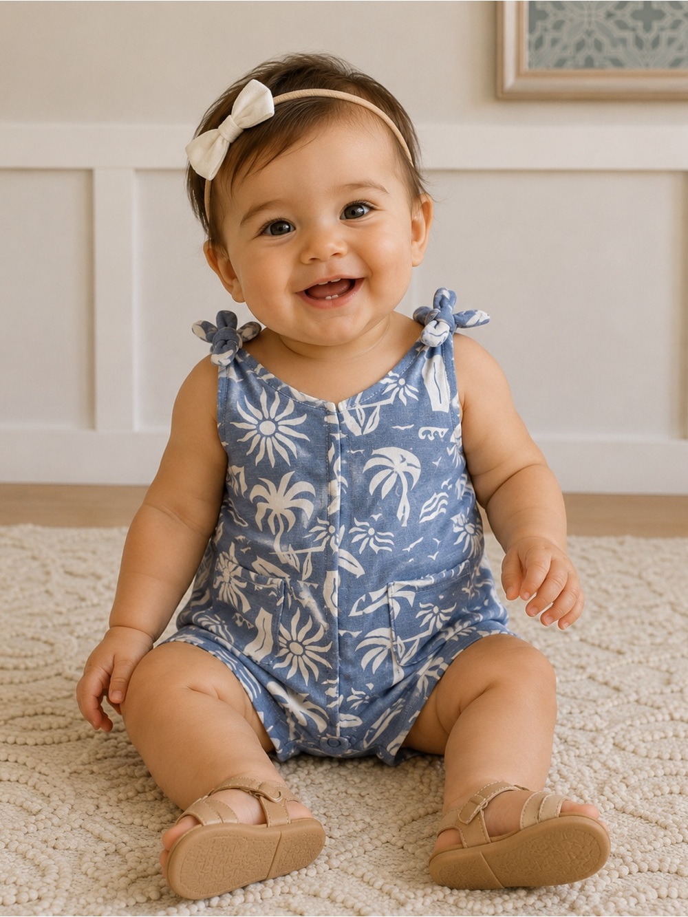 Grayson Mini Blue Palm Print Snap Bottom Romper 18M